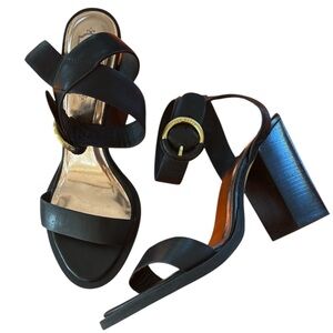 Ted Baker London black open toe chunky heels gold hardware ankle strap 40